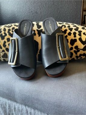 Kelsi Dagger Black Leather Slide Mules with Antique-Gold Buckles
